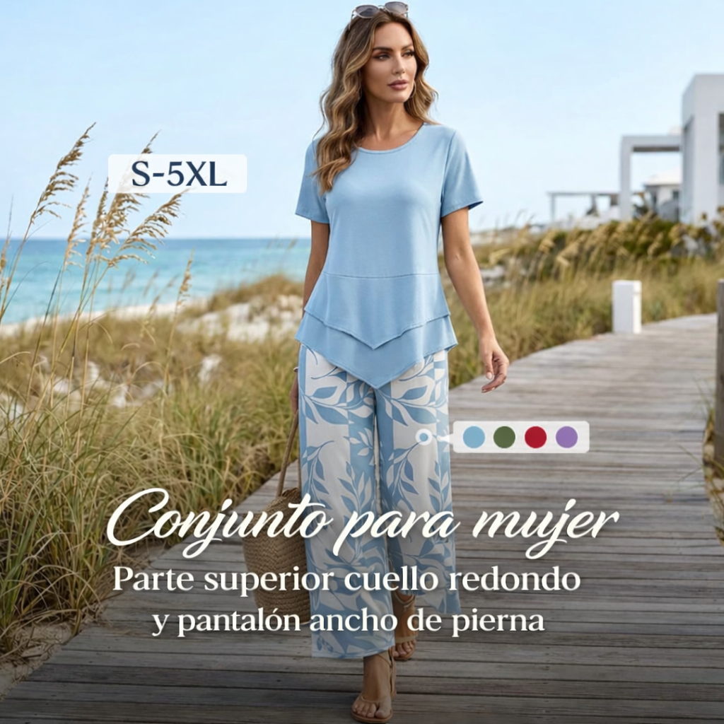 Olivia - Conjunto compuesto por un top de cuello redondo y unos pantalones anchos.