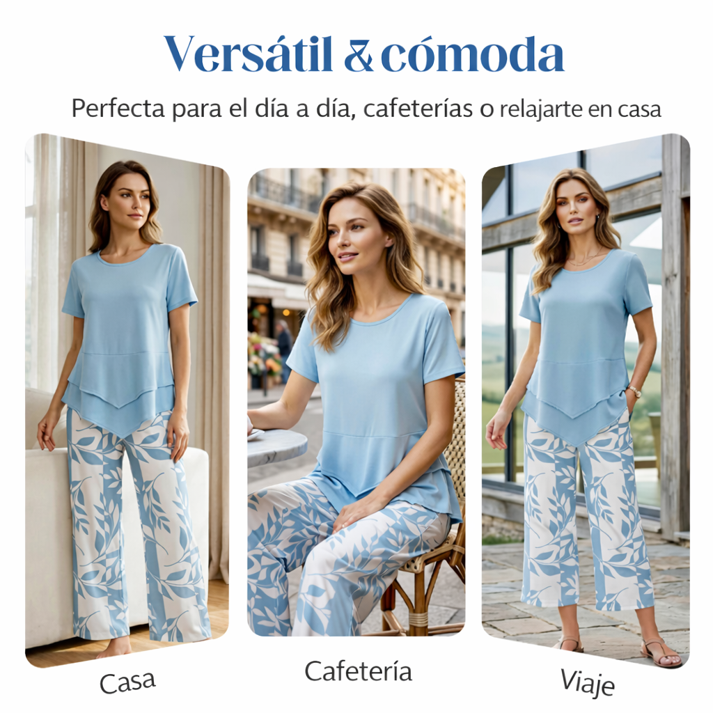 Olivia - Conjunto compuesto por un top de cuello redondo y unos pantalones anchos.