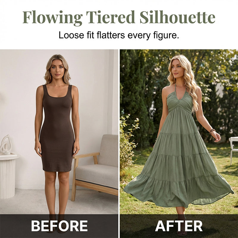 🌴 NUR FÜR BEGRENZTE ZEIT: 50 % RABATT! 👗 Maxikleid für Damen mit Neckholder und rückenfreiem Ausschnitt – gestuft, fließend, im Resort-Stil 🌺