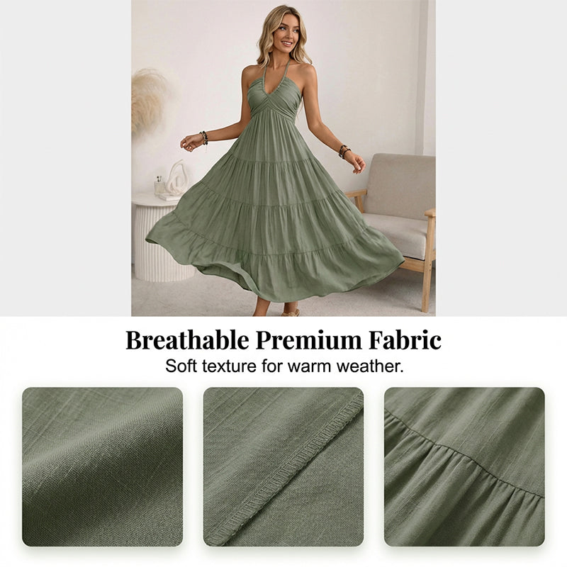 🌴 NUR FÜR BEGRENZTE ZEIT: 50 % RABATT! 👗 Maxikleid für Damen mit Neckholder und rückenfreiem Ausschnitt – gestuft, fließend, im Resort-Stil 🌺