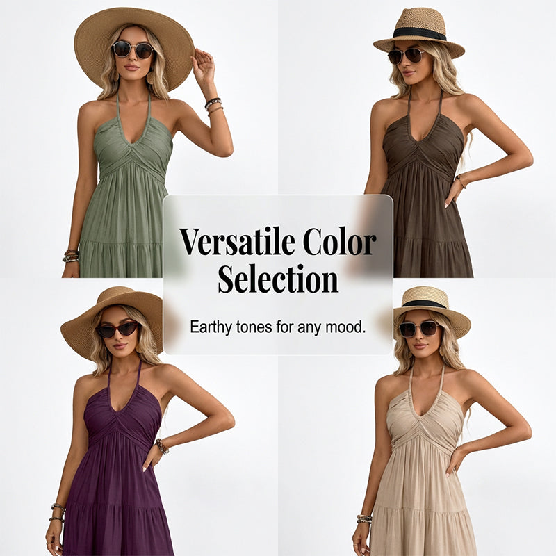 🌴 NUR FÜR BEGRENZTE ZEIT: 50 % RABATT! 👗 Maxikleid für Damen mit Neckholder und rückenfreiem Ausschnitt – gestuft, fließend, im Resort-Stil 🌺