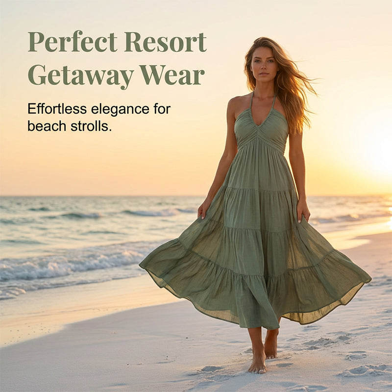 🌴 NUR FÜR BEGRENZTE ZEIT: 50 % RABATT! 👗 Maxikleid für Damen mit Neckholder und rückenfreiem Ausschnitt – gestuft, fließend, im Resort-Stil 🌺