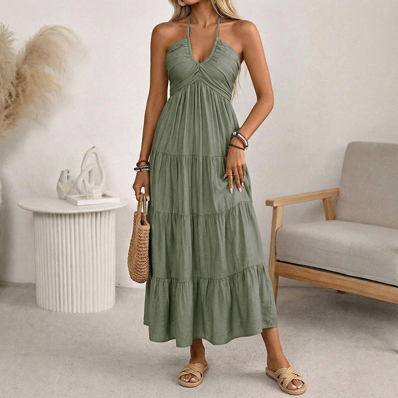 🌴 NUR FÜR BEGRENZTE ZEIT: 50 % RABATT! 👗 Maxikleid für Damen mit Neckholder und rückenfreiem Ausschnitt – gestuft, fließend, im Resort-Stil 🌺